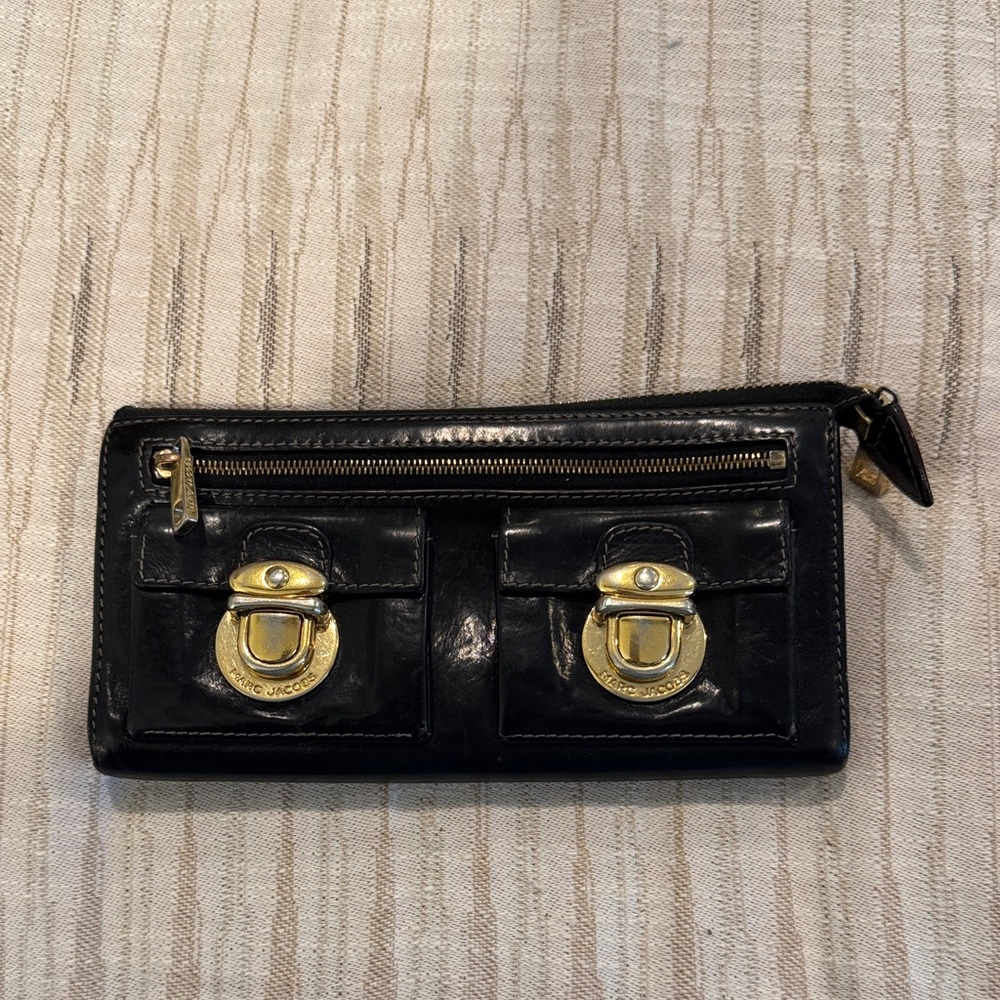 Marc Jacobs Black Leather Wallet with Gold Accents